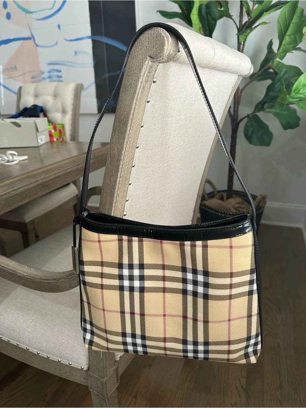 Vintage Burberry Beige Plaid Shoulder Bag with Black Trim